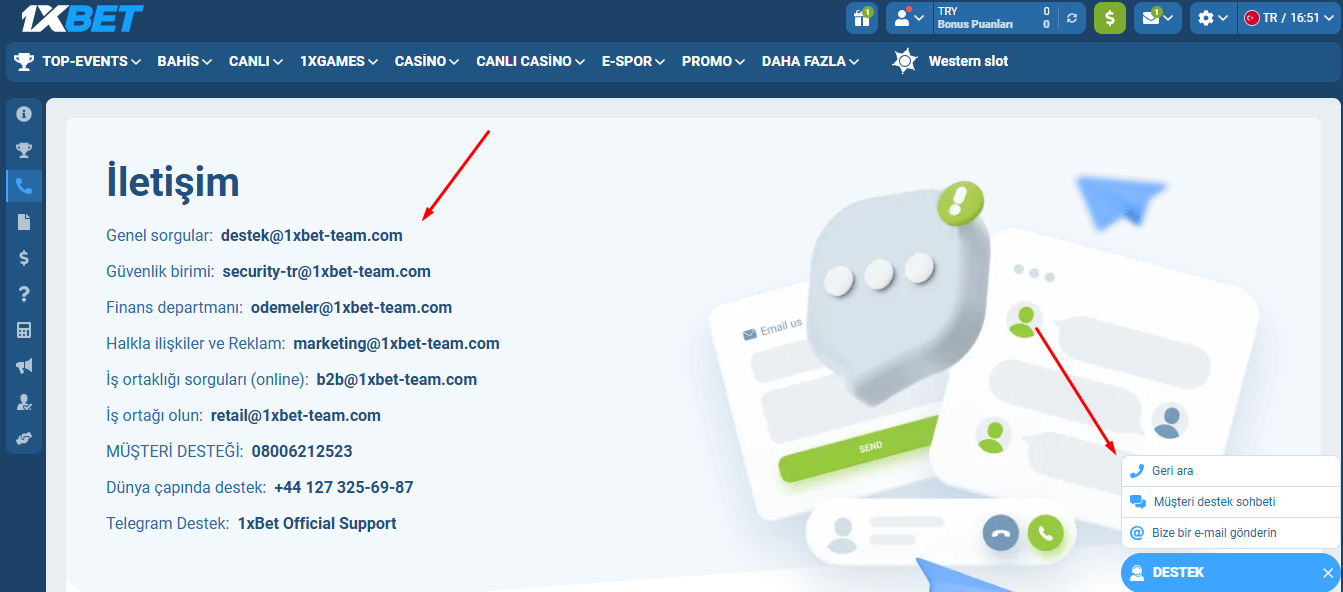 1xBet müşteri hizmetleri yöntemlerini gösteren görsel; canlı destek, e-posta ve diğer iletişim kanalları listelenirken sahte kanal uyarısı vurgulanmaktadır